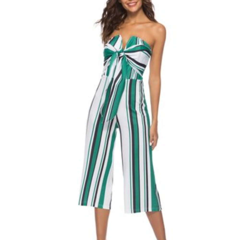 Green Stripe Bow-Accent Strapless Jumpsuit
